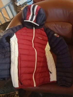 Feather down jacket for kids like new, blue and red, age 12