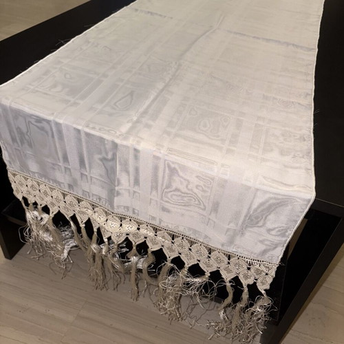 White table runner with woven design and handmade lace fringe, new