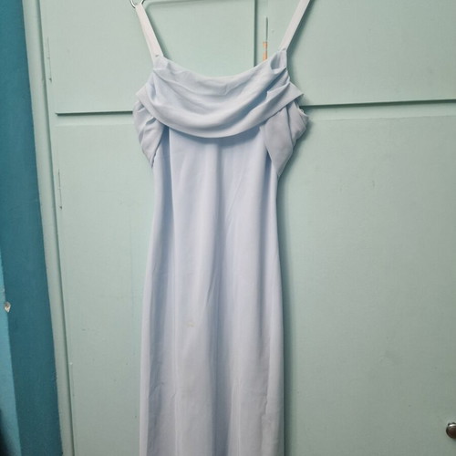 Sleeveless baby blue dress with cowl neck and asymmetric ruffle