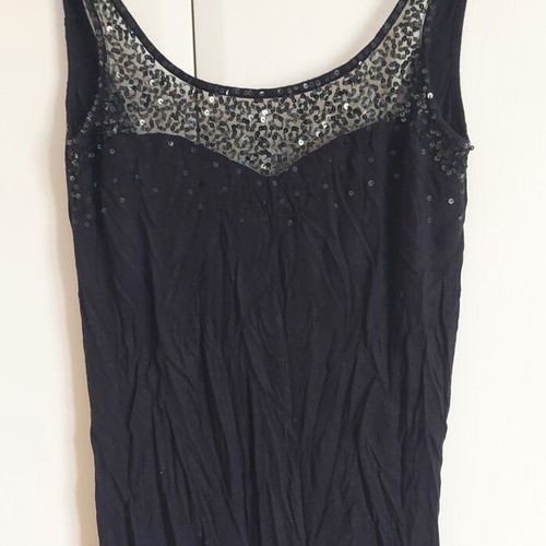 Sleeveless summer blouse with rhinestones and low back used, black