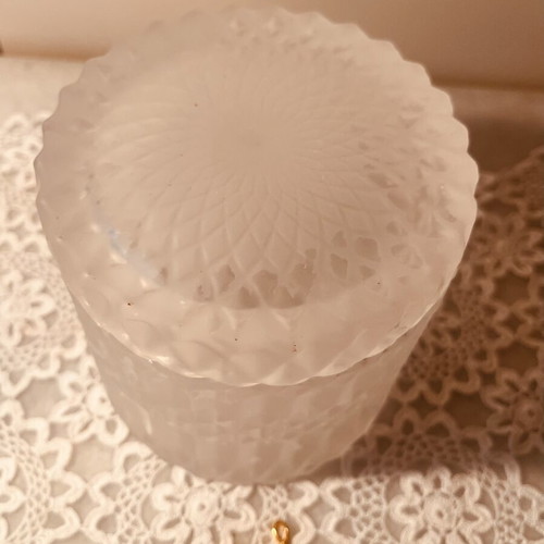 Frosted glass jar with diamond pattern and scalloped rim