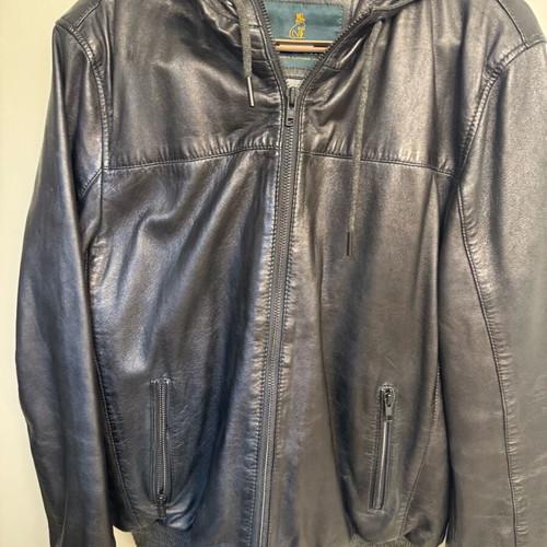 Leather unisex jacket with hood like new, black, size L