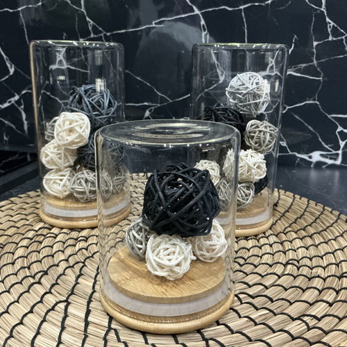 Set of 3 glass decorative vases with rattan balls like new