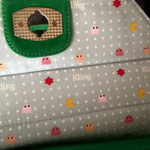 Green suede crossbody bag used with gold details
