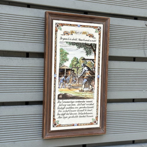 Vintage Dutch decorative tile De Lijn Draaier in wooden frame