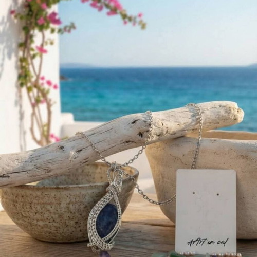 Handmade wire pendant with semiprecious blue stone, new