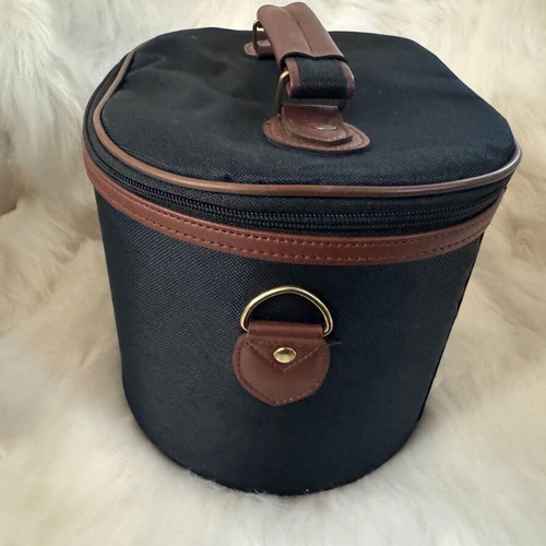 Toiletry bag cosmetic case new, blue fabric and brown leatherette