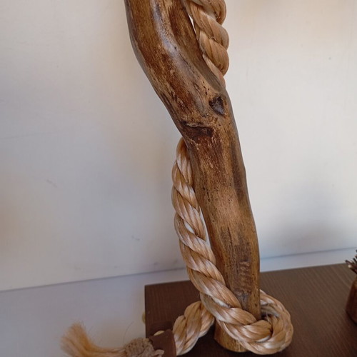 Handmade table lamp with natural driftwood and burlap