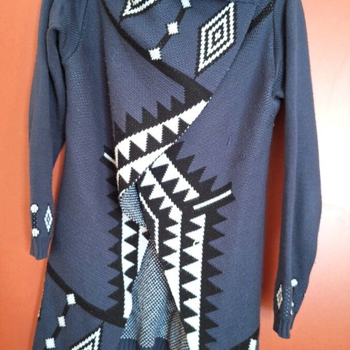 Cardigan like new with buttons and neck scarf, white and blue