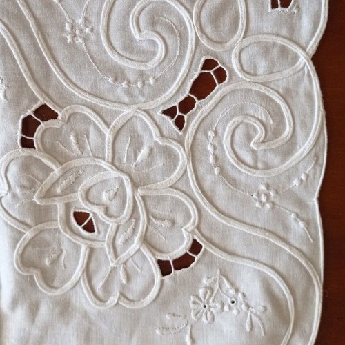 White embroidered tablecloth with cutwork and floral design vintage