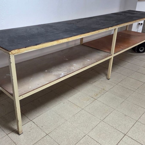Workbenches used, set of 2 with solid iron frame and shelves