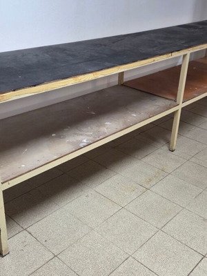 Workbenches used, set of 2 with solid iron frame and shelves