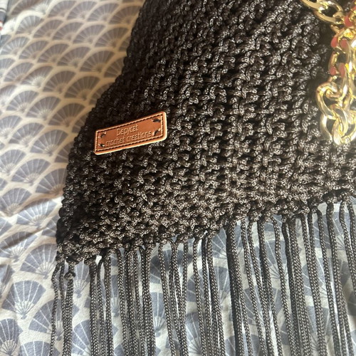 Handmade knitted shoulder bag with fringes dark brown