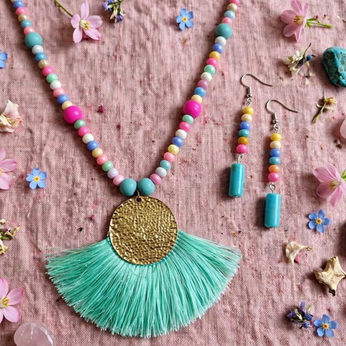 Colorful Tassel Long Necklace and Earrings Set new