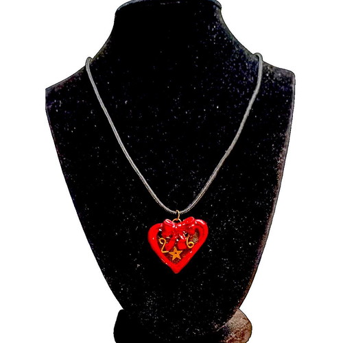 Handmade 2026 lucky charm necklace with heart of polymer clay and resin on black cord