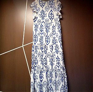 Kate London φόρεμα, νούμερο EUR 38/ M, με εντυπωσιακό μπλε άσπρο ντεσέν, βολάν μανίκι κ φόδρα!