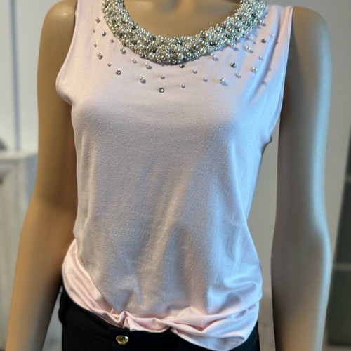 Pink top with pearls and crystals neckline, like new, M/L