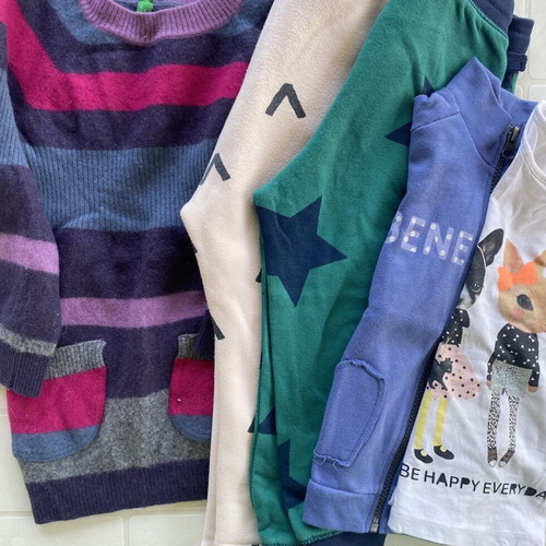 Benetton mohair striped dress, 2 elastic waist pants, Benetton zip-up jacket, H&M printed long sleeve