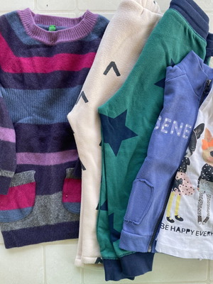 Benetton mohair striped dress, 2 elastic waist pants, Benetton zip-up jacket, H&M printed long sleeve