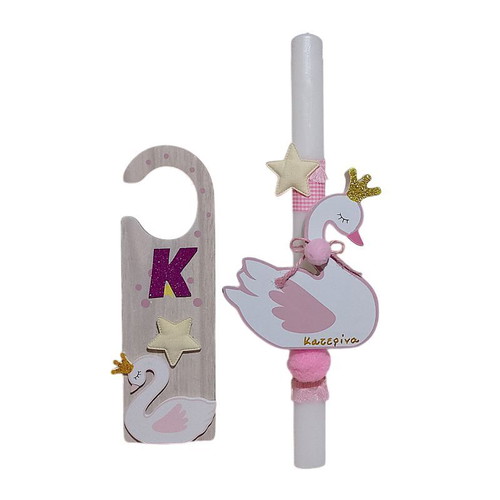 Swan set of 2 made to order, personalized candle and wooden door decoration