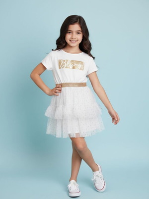 Prenatal white dress with gold like new, size 7 years