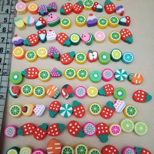 Fimo beads new with fruits, sweets and lollipops, 100 pieces