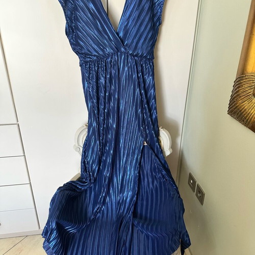 Satin blue dress with beige lining, open back and side slit, new