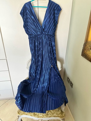 Satin blue dress with beige lining, open back and side slit, new