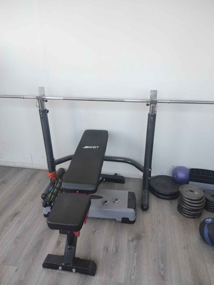 X-Fit fitness equipment set with bench, exercise bike and treadmill