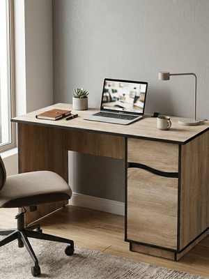 Desk natural wood color with drawer and cabinet, like new