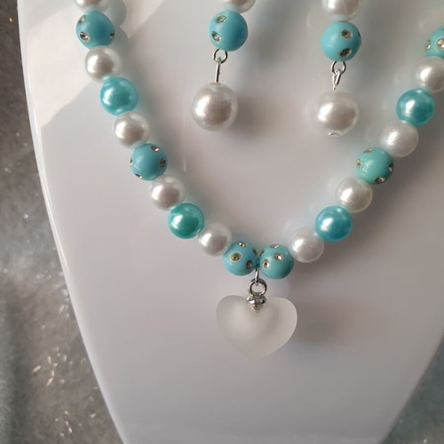 Handmade beaded turquoise and white summer necklace and earrings set new