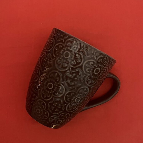 Glass Coffee Mug large with beige interior and embossed design like new