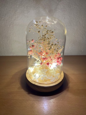 Glass Dome Flower Light with Artificial Flowers and Wooden Base new