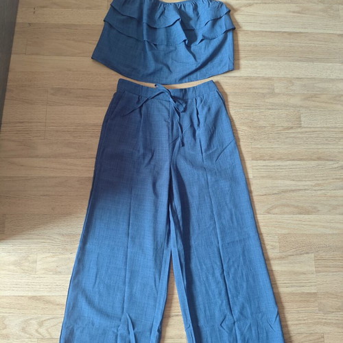Women's summer set new, blue top with ruffles and wide pants size L
