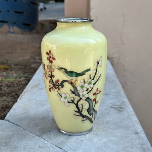 Vintage Japanese Cloisonné Sato vase used with cherry blossom and bird design