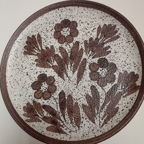 Large Vintage Textured Ceramic Wall Plate, Rustic Floral Design