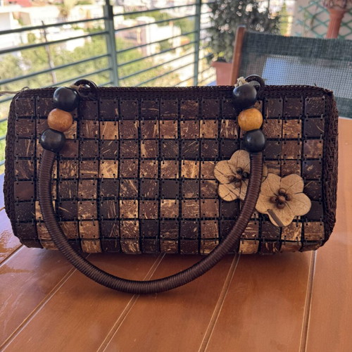 Vintage Boho Handbag Like New, Handmade With Wooden Flowers
