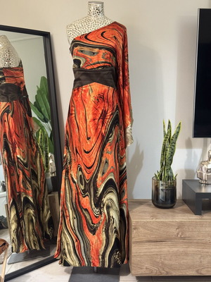 Mischalis Silk Gown One Shoulder Abstract Marble Print Size L Like New