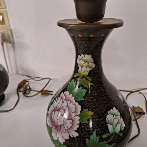 Pair of used cloisonné lamps 37 cm with enamel and wooden bases