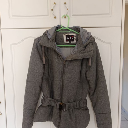 Wool winter jacket with hood refurbished, medium, gray