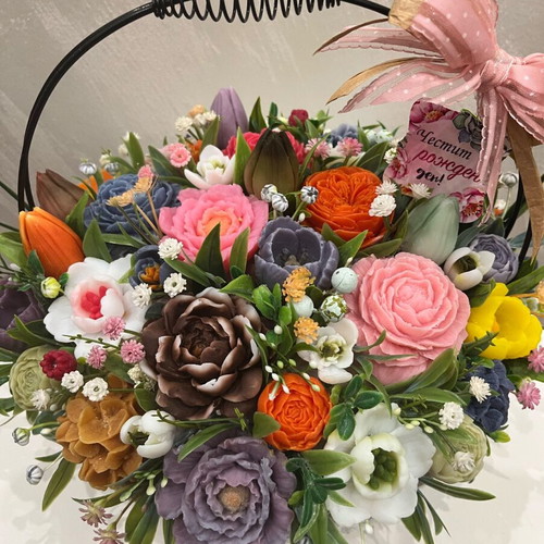Basket with aromatic soap flowers new