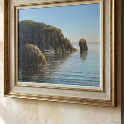 Painting by N. Pokamisás like new, Tinos seascape oil