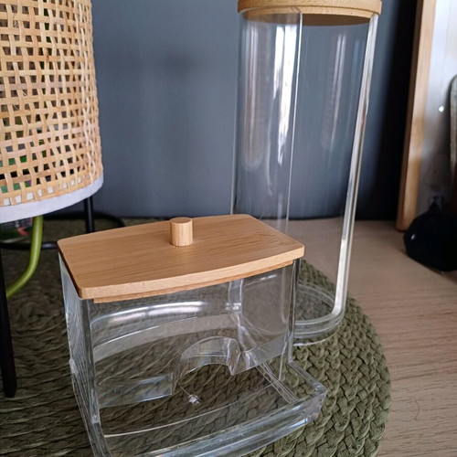 Set of containers for makeup remover pads and cotton swabs like new, acrylic and bamboo