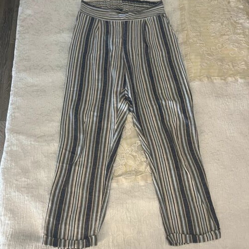 Linen wide-leg pants, striped, elastic waist, size S
