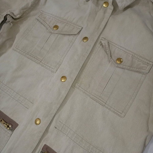 Work jacket used, creme denim-type jacket with gold buttons, size L