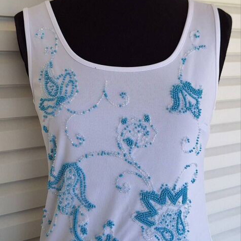 White sleeveless top with turquoise bead embroidery new