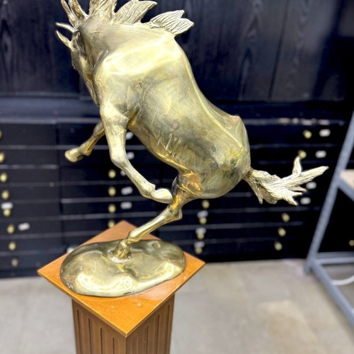 Bucephalus brass sculpture on walnut wood base used