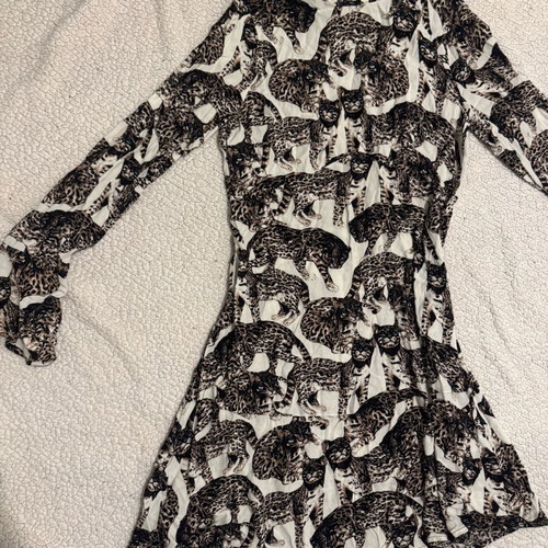 Mini dress long-sleeve with cats like new, H&M, white multicolor XS