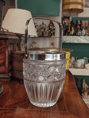 Vintage crystal ice bucket with silver-plated rim and handle like new, 1970s