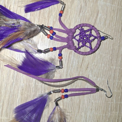 Handmade earrings with feathers and beads, new, purple and brown